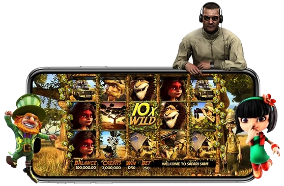 Slot game running on a mobile phone with game characters